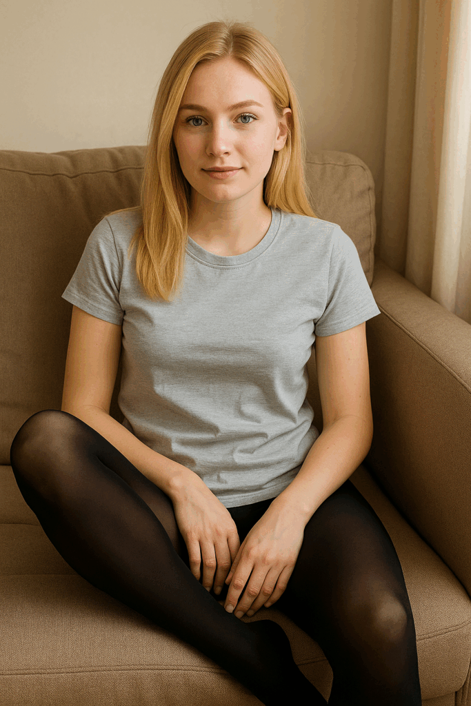 Junge blonde Frau sitzt entspannt auf einem Sofa und lächelt in die Kamera, natürlich und alltagstauglich – Beispiel für echte Amateur-Models auf BongaCams
