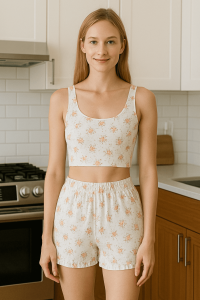 Amateurvergleich Symbolfoto – junge Frau in heller Küche trägt gepunkteten Schlafanzug